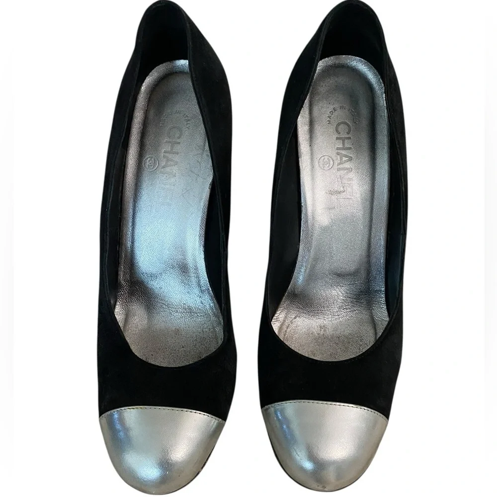 CHANEL Black and Silver Wedges